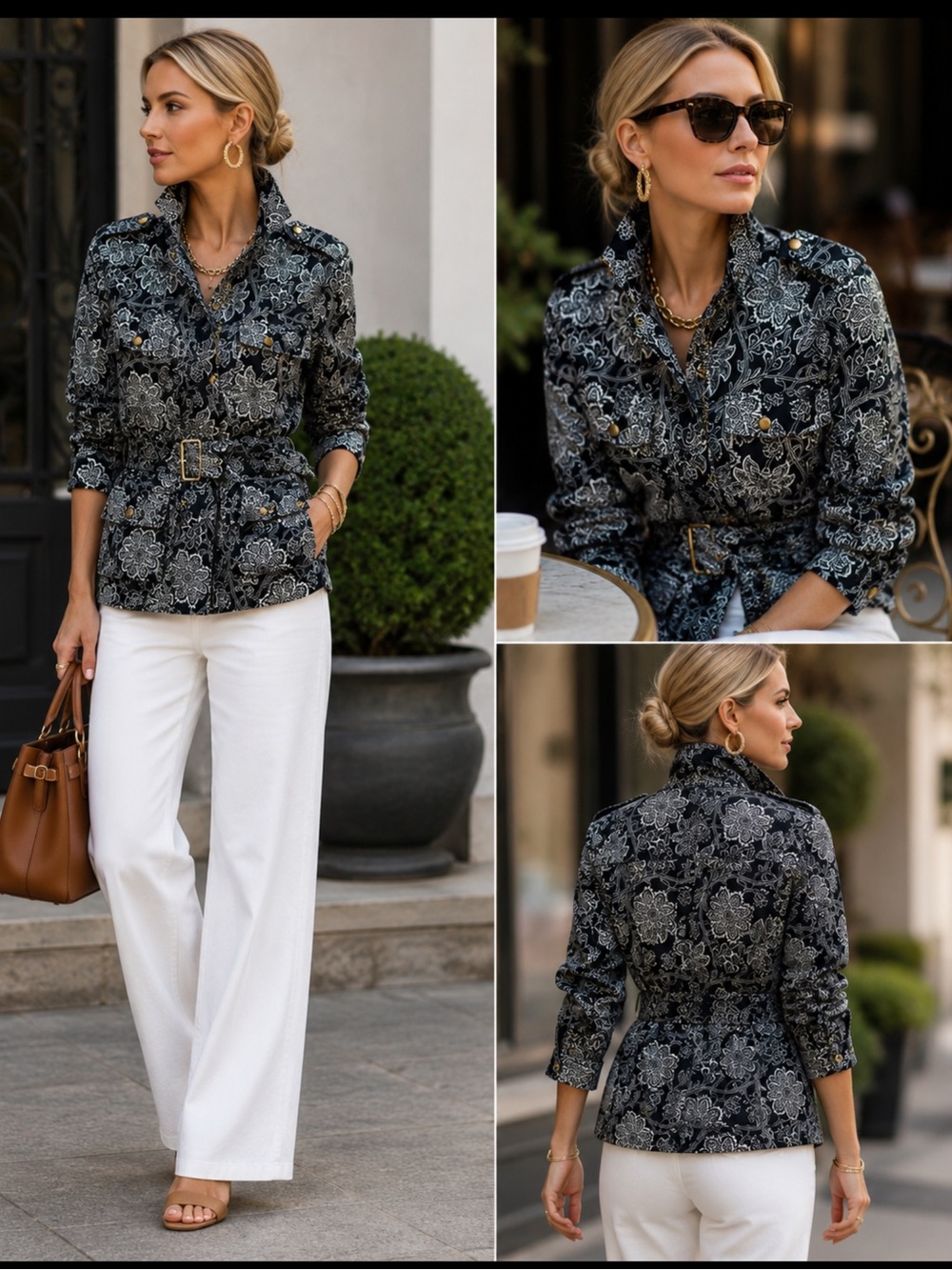 BANANA REPUBLIC medium black & WHITE FLORAL BELTED FIELD JACKET SNAP & ZIP